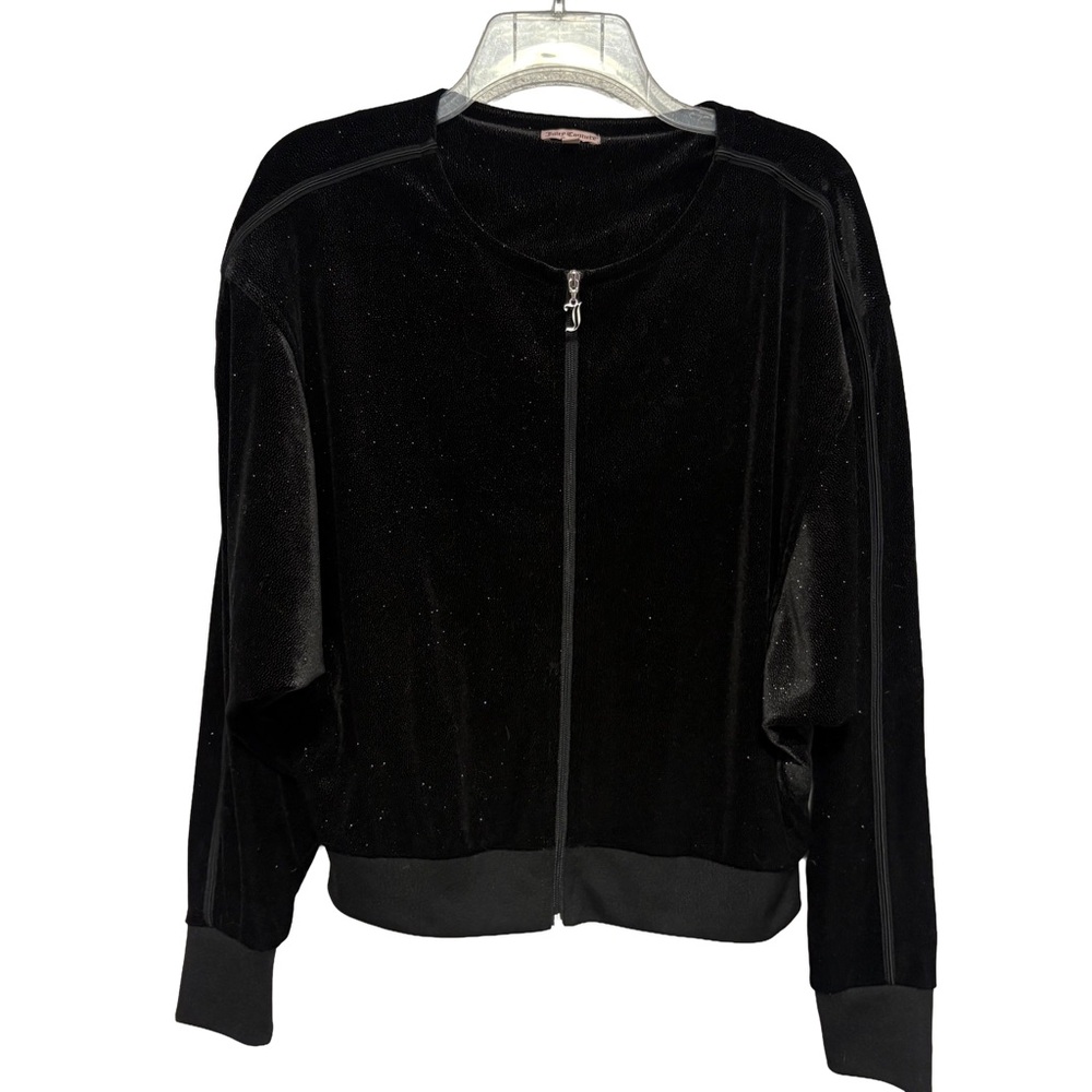 Juicy Couture Black Glitter Velour Batwing Zip Bomber Jacket Medium